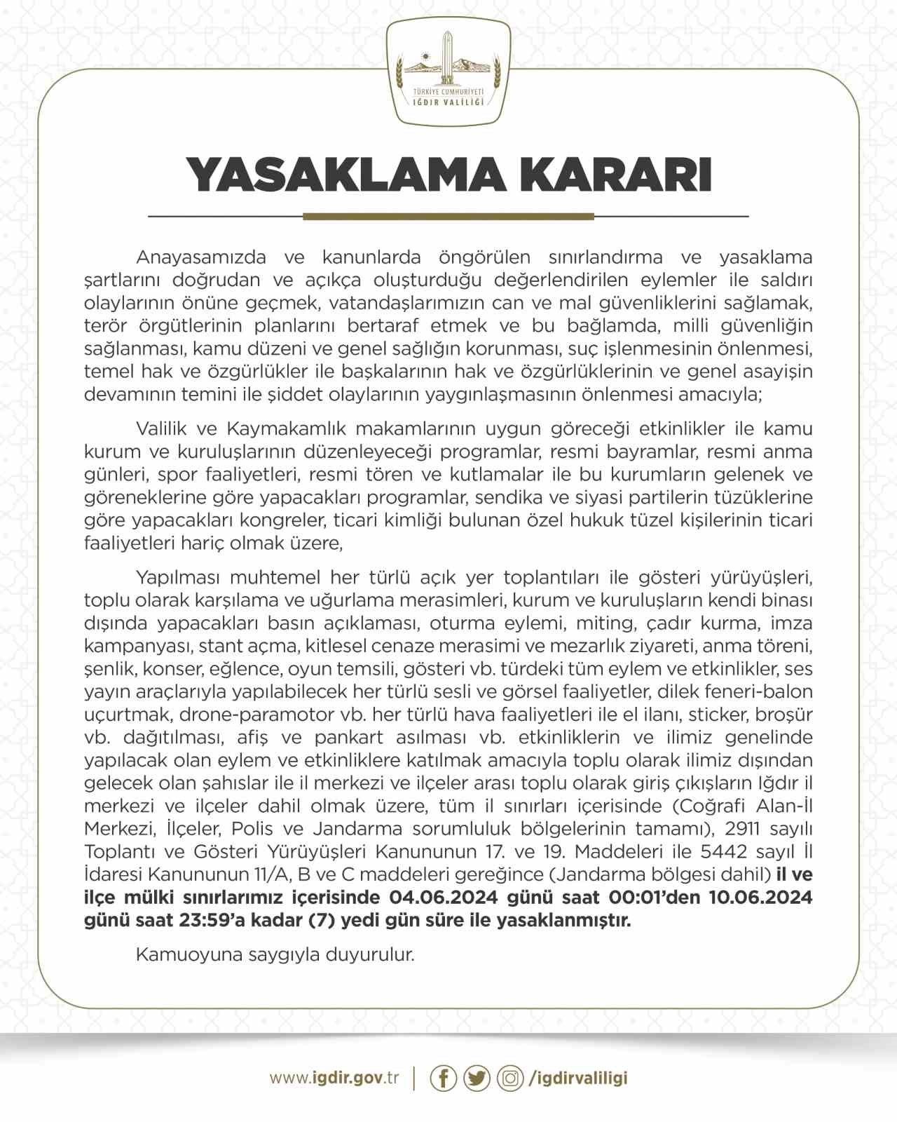 Iğdırda Gösteri Yürüyüşü Ve Açık Hava Toplantı Yasağı